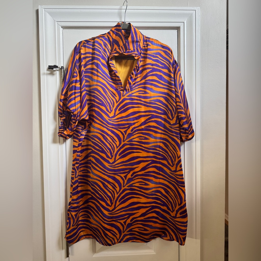Adrienne Orange and Purple Casual Dress with Bold Tiger print